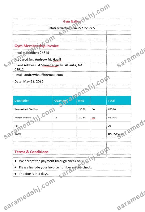 Gym Membership Invoice Template